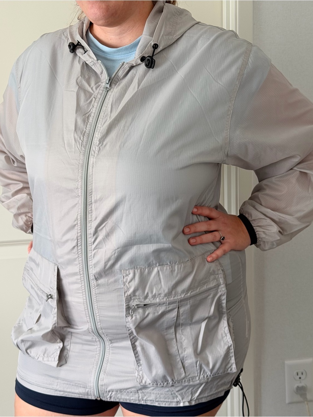 Light Gray Hooded Windbreaker Full Zip Hoodie Jacket Lighweight Packable